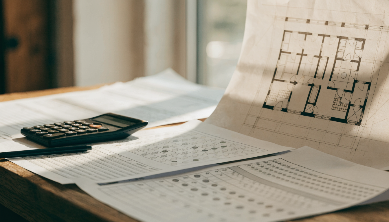 Documentos con tablas de coeficientes y una calculadora sobre una mesa, junto a planos de un edificio de viviendas