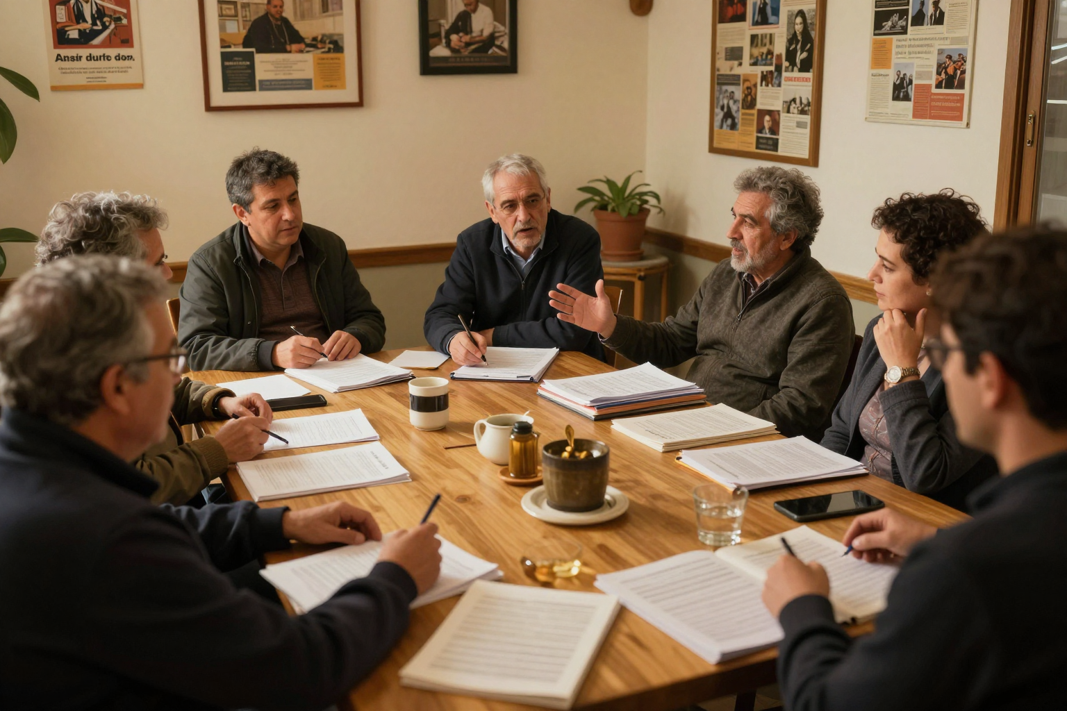 Propietarios reunidos en una junta de comunidad revisando documentos y actas sobre una mesa