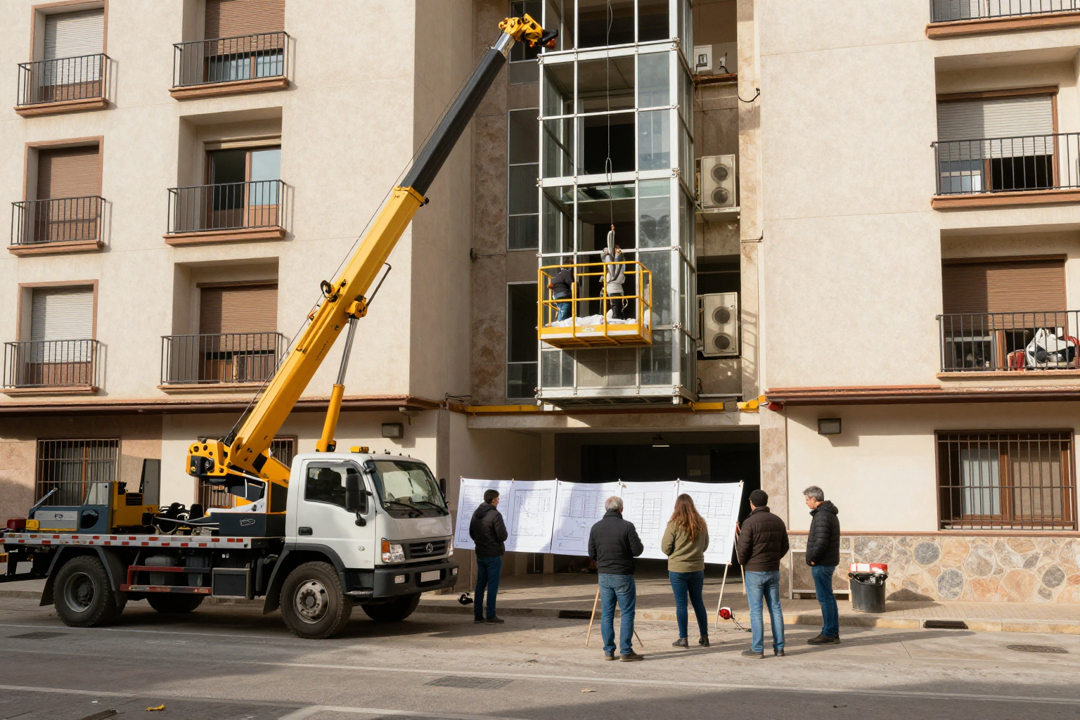 Comunidad de propietarios reunida en junta para votar la instalación de un ascensor en su edificio