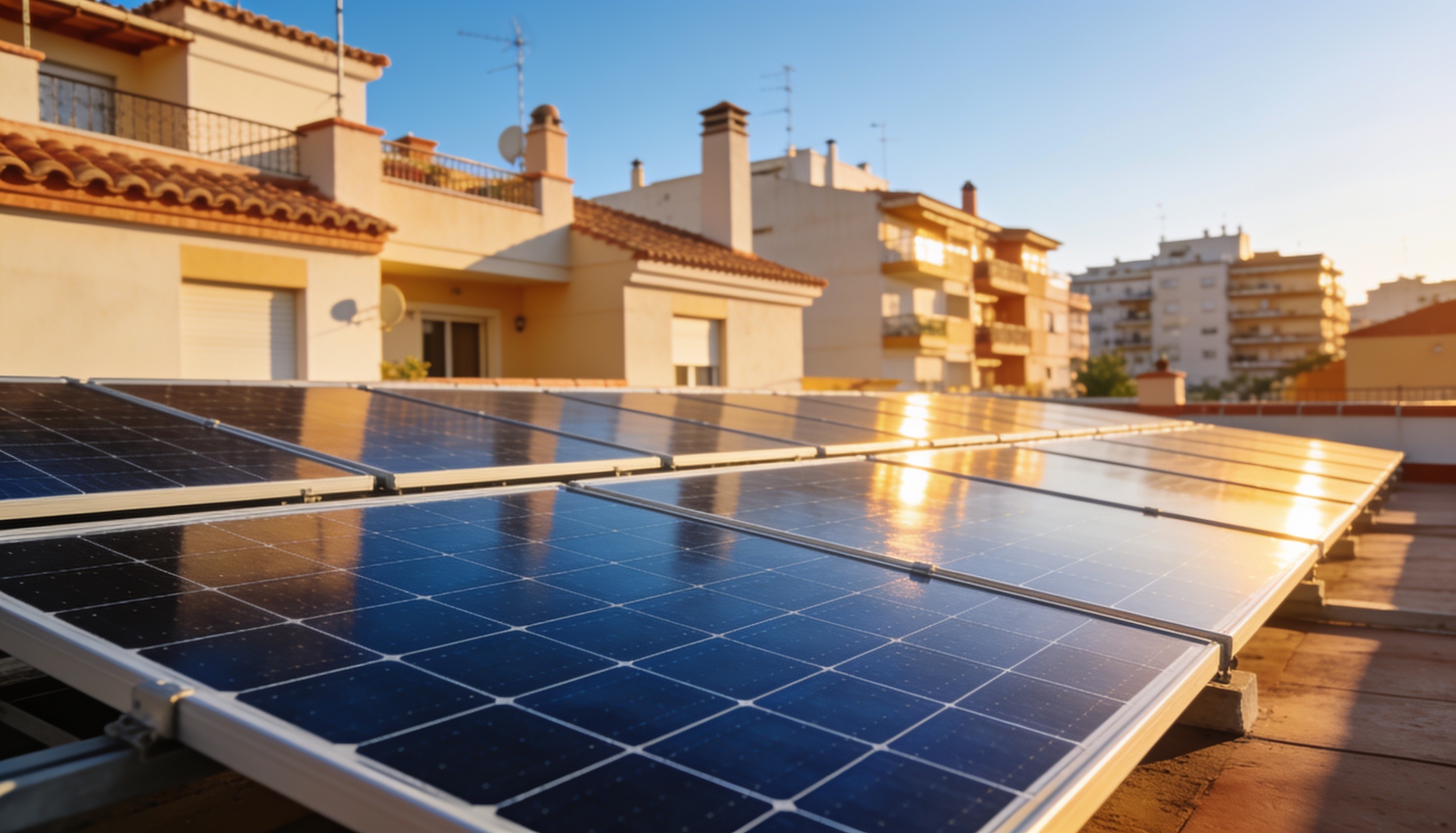 Paneles solares instalados en la cubierta de un edificio de viviendas en España con cielo azul de fondo