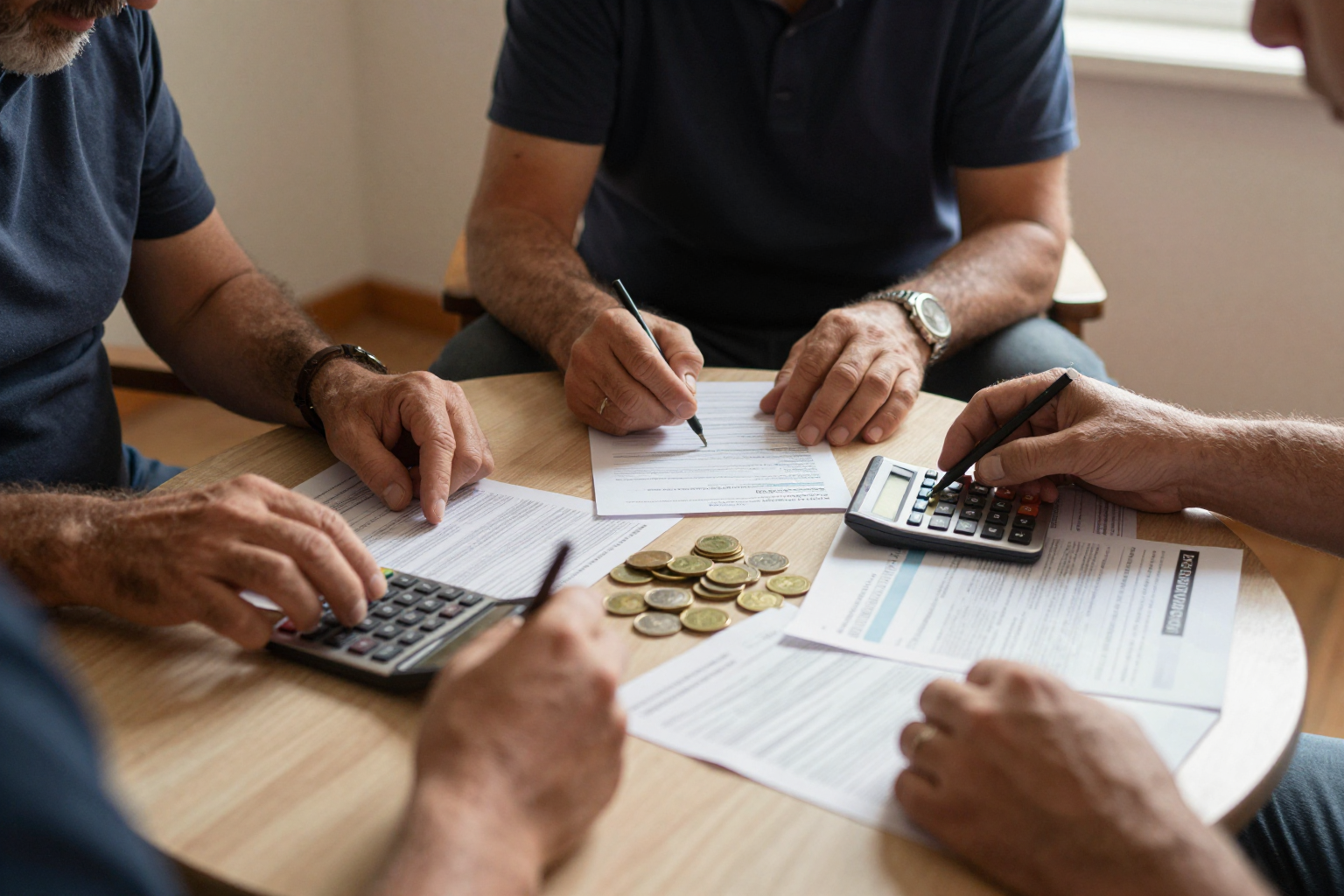 Propietarios revisando el presupuesto anual de su comunidad en una junta de vecinos con documentos y calculadora sobre la mesa