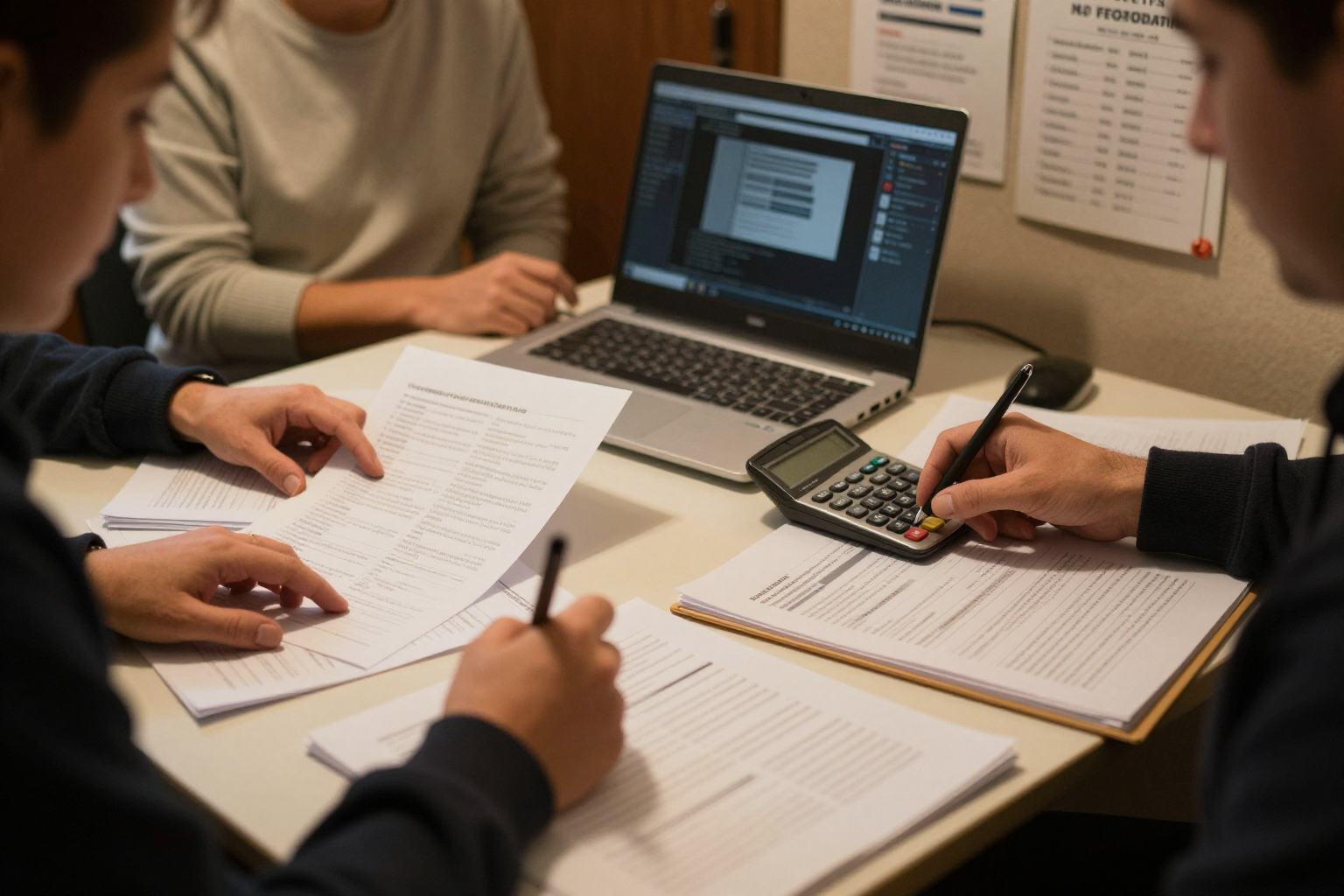 Propietarios revisando el presupuesto anual de su comunidad de vecinos en una junta de propietarios
